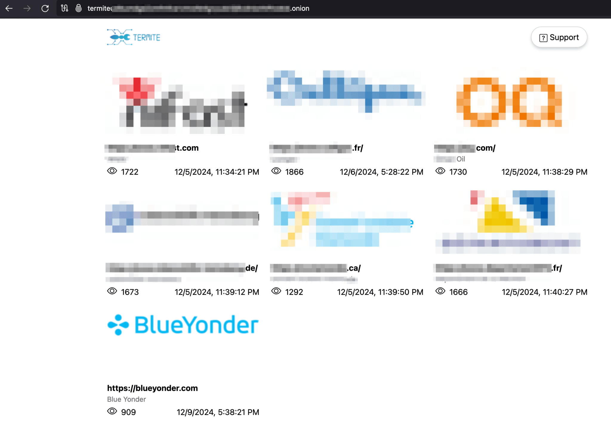 Termite Ransomware Group’s dark web main page, showing the alleged victims.