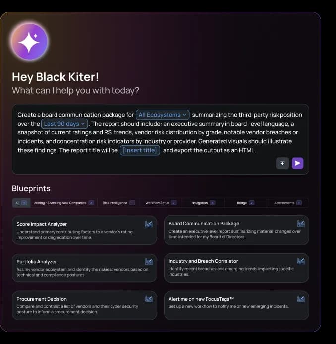 AI-powered cybersecurity assistant interface titled “Hey Black Kiter!” prompts the user to generate automated risk reports. The dashboard allows creation of a board communication package summarizing third-party risk posture for all ecosystems over the last 90 days. It includes options to insert report titles, summarize vendor risk trends, breaches, and concentration indicators, and export the report as HTML. Below, a “Blueprints” section displays workflow templates such as Score Impact Analyzer, Portfolio Analyzer, Procurement Decision, Board Communication Package, Industry and Breach Correlator, and Alert on new FocusTags™. The layout features a dark gradient background with glowing UI accents, showcasing a modern cyber risk intelligence and governance automation tool.