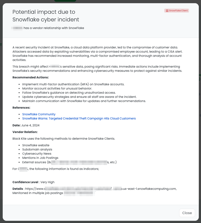 Snowflake Client FocusTag details on Black Kite Platform