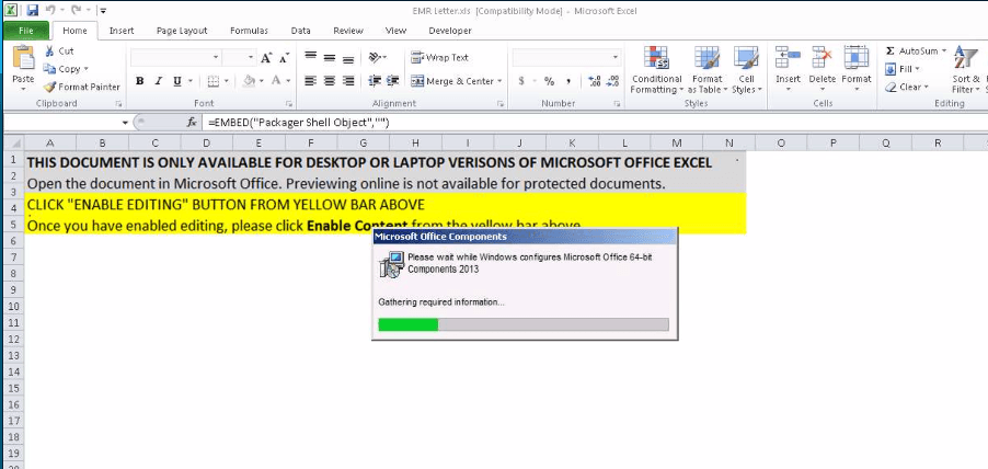 A recently discovered COVID-19 bait attributed to TA505 using a Microsoft Excel document. It requests the user to enable macros [4]