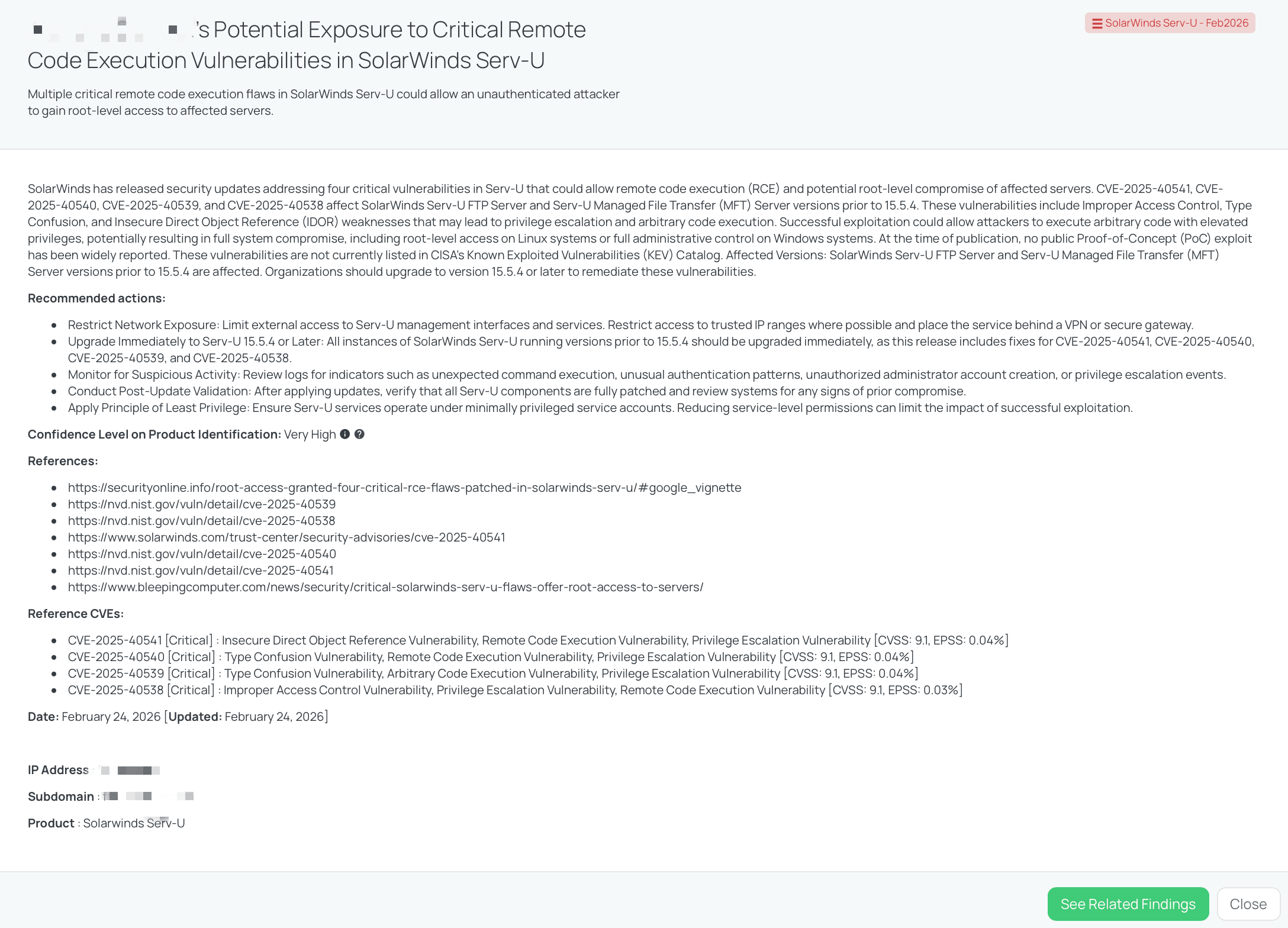 Black Kite's SolarWinds Serv-U - Feb2026 FocusTag® details critical insights on the event for TPRM professionals.