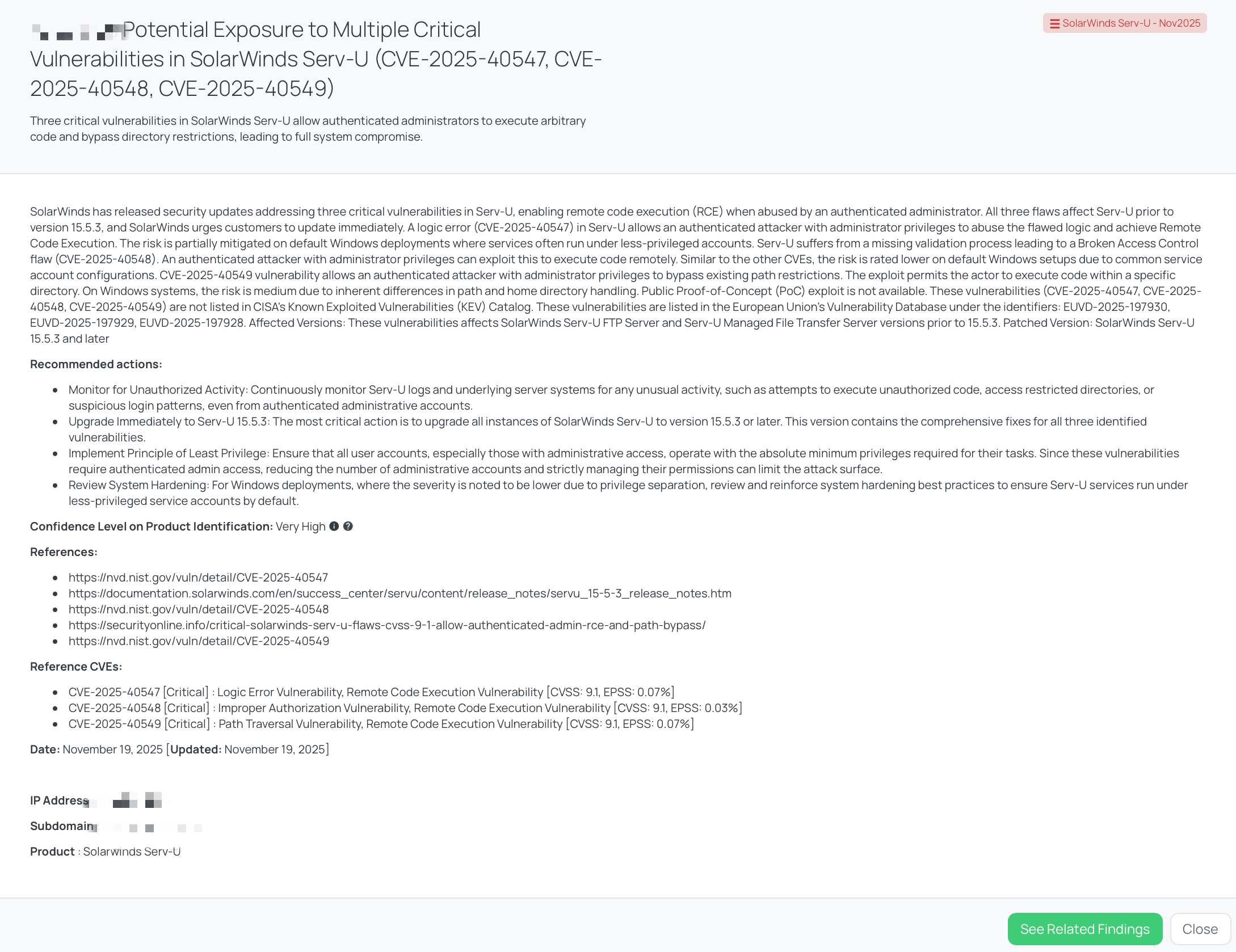CVE-2025-40547, CVE-2025-40548, CVE-2025-40549 - SolarWinds Serv-U - Nov2025