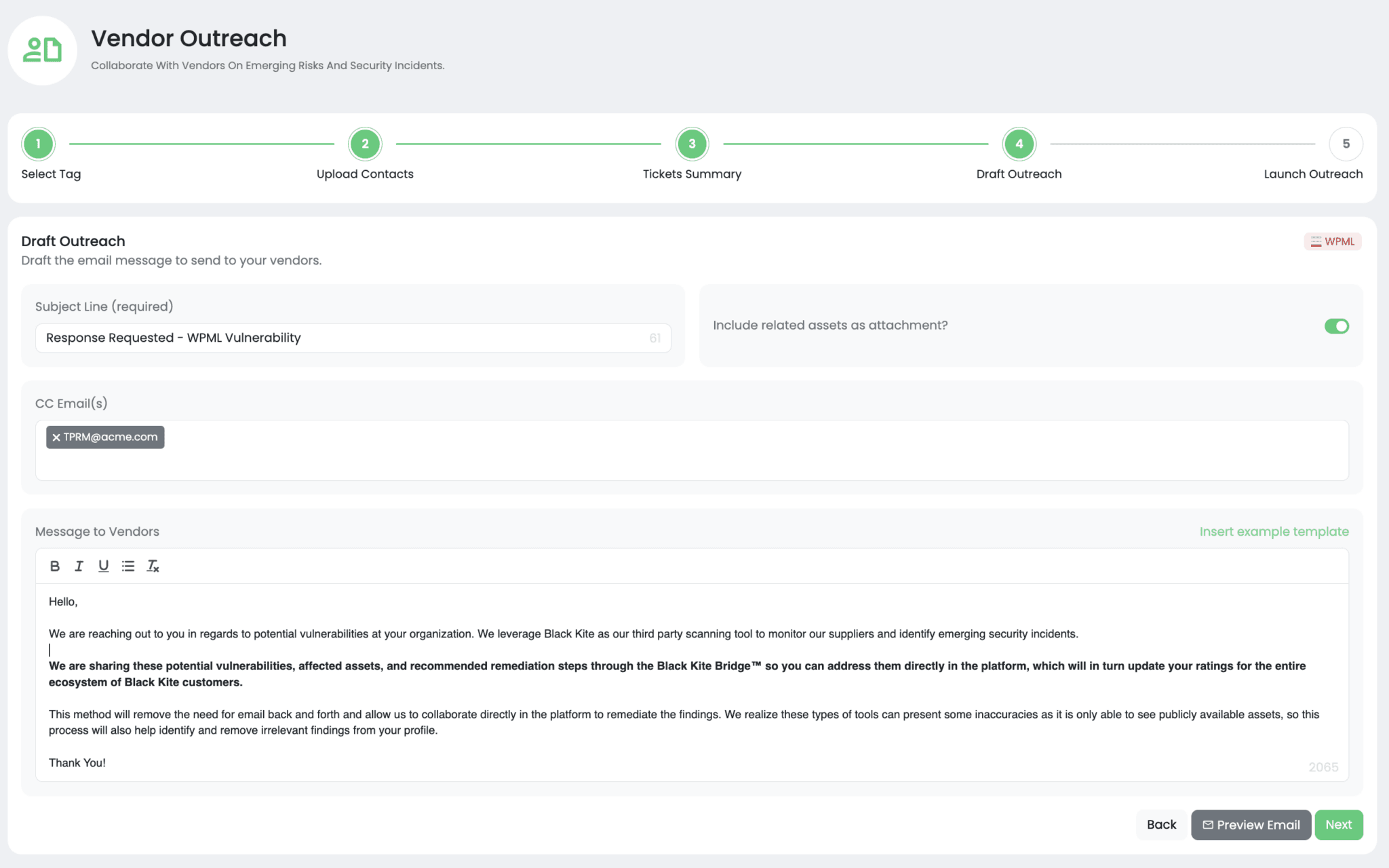 Vendor Outreach screenshot example