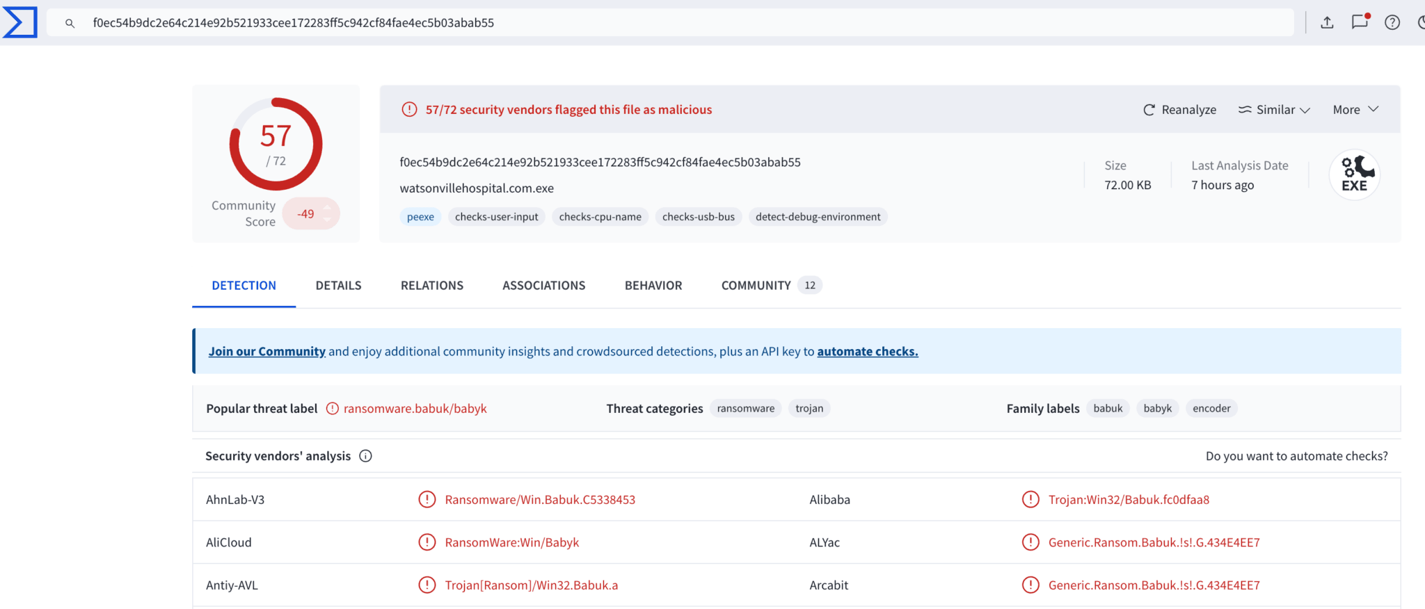 IoC details on VirusTotal for Termite Ransomware.