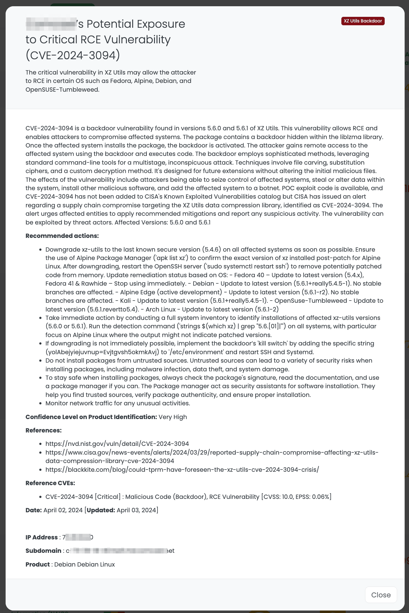 Black Kite FocusTagsTM provide details about the CVE-2024-3094, including the IT asset details.
