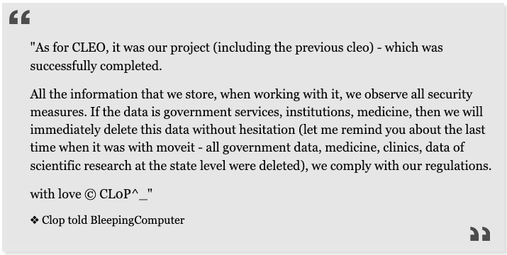 Screenshot from BleepingComputer article that covers Cl0p’s statements.