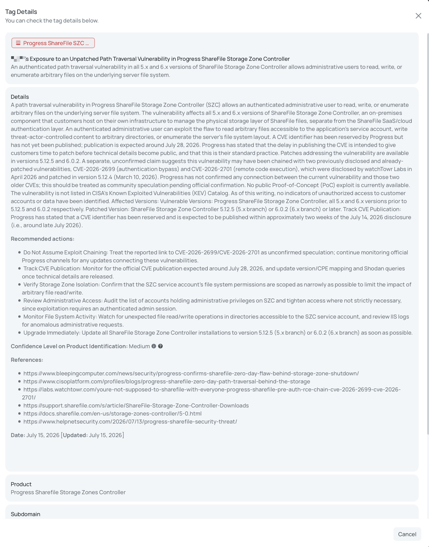 Progress ShareFile SZC FocusTag®, including recommended remediation actions and confidence level.