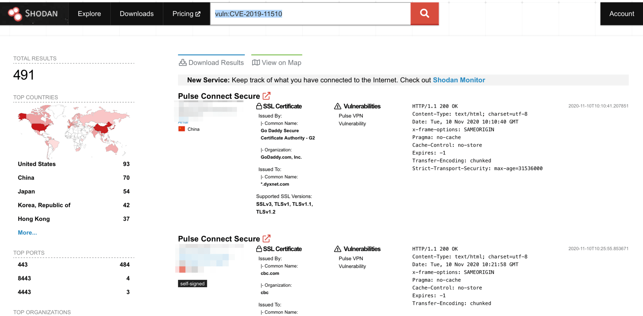 Shodan offers many filters to perform a selective search. For example, you can perform a search with custom filters such as IP, Netblock, Server type, Service type, Ports, Banner, and even vulnerability codes.