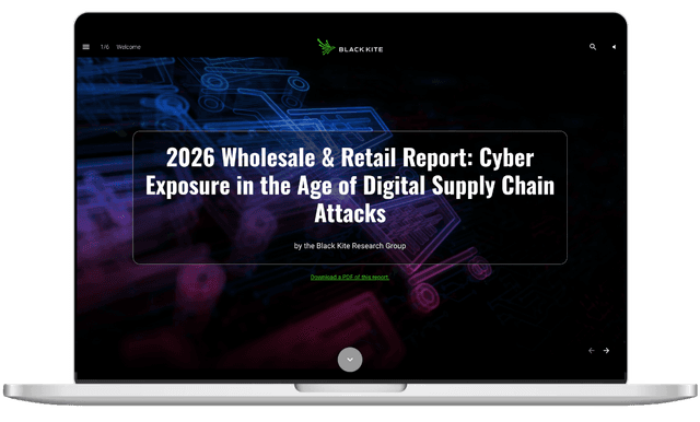 Black Kite's "2026 Wholesale & Retail Report: Cyber Exposure in the Age of Digital Supply Chain Attacks" report cover in laptop frame