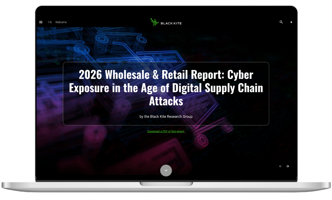 Black Kite's "2026 Wholesale & Retail Report: Cyber Exposure in the Age of Digital Supply Chain Attacks" report cover in laptop frame