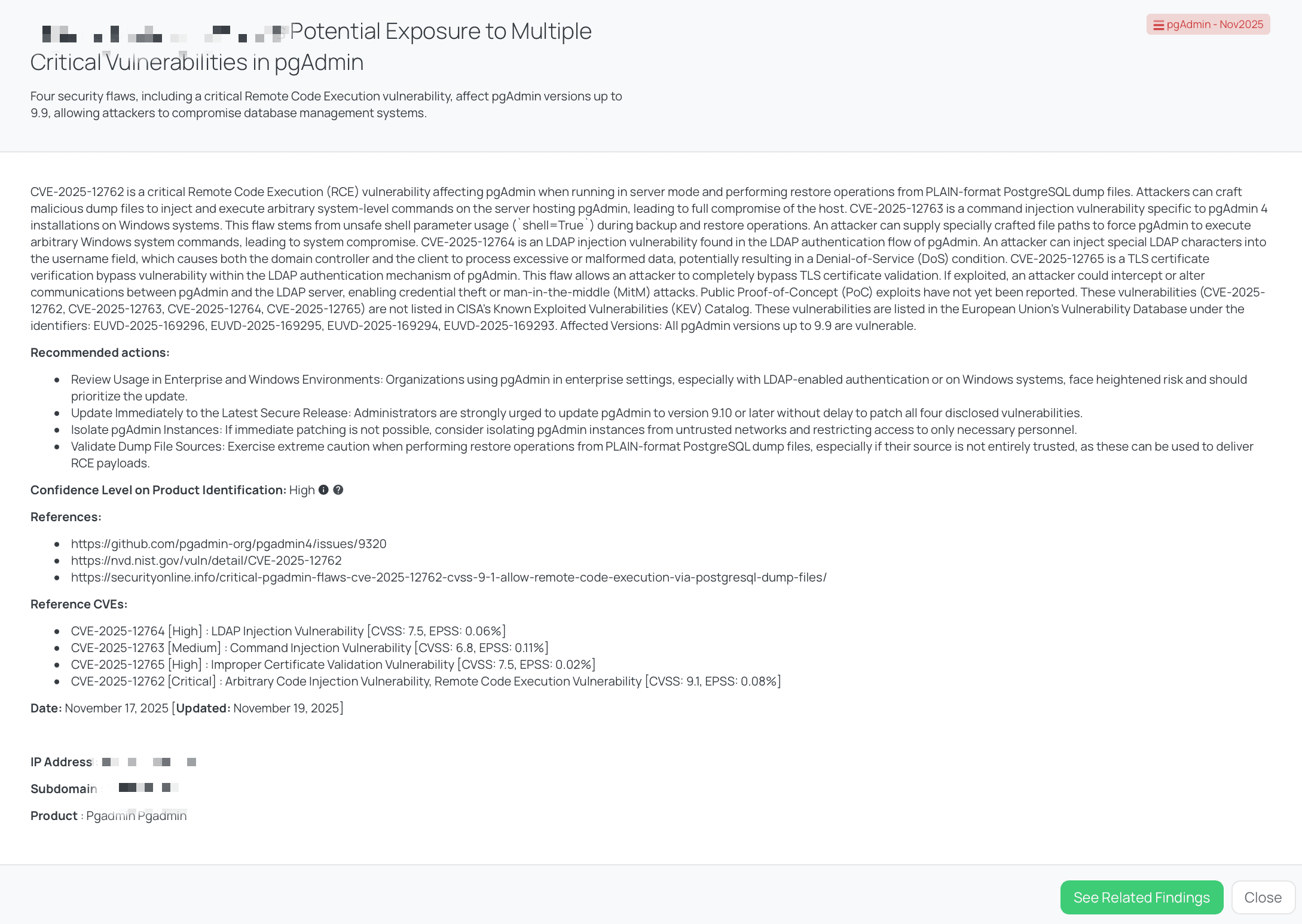 CVE-2025-12762, CVE-2025-12763, CVE-2025-12764, CVE-2025-12765 - pgAdmin - Nov2025
