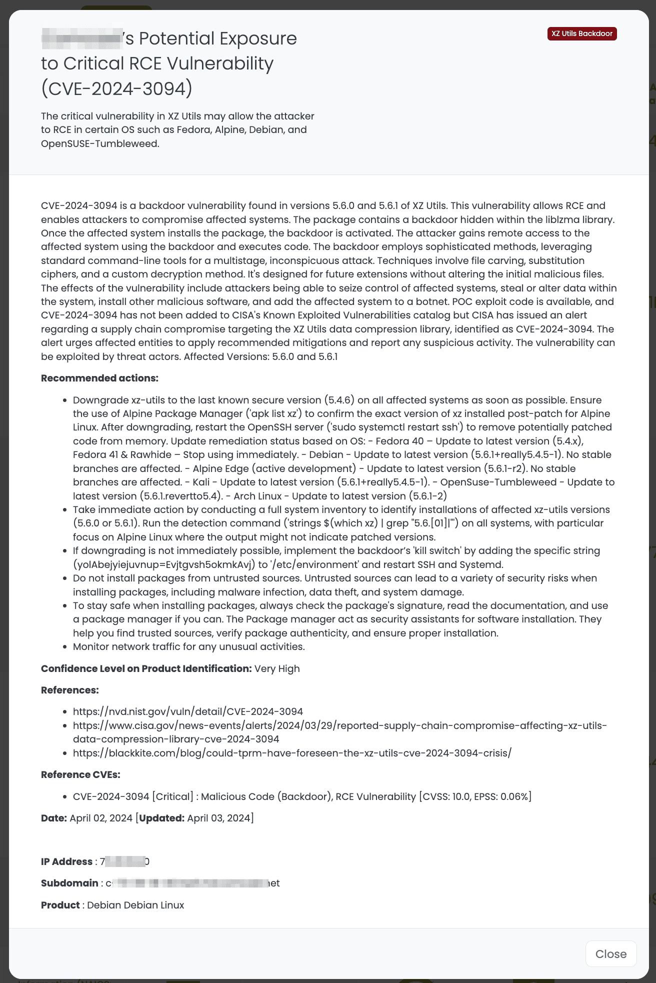 Black Kite FocusTagsTM provide details about the CVE-2024-3094, including the IT asset details.