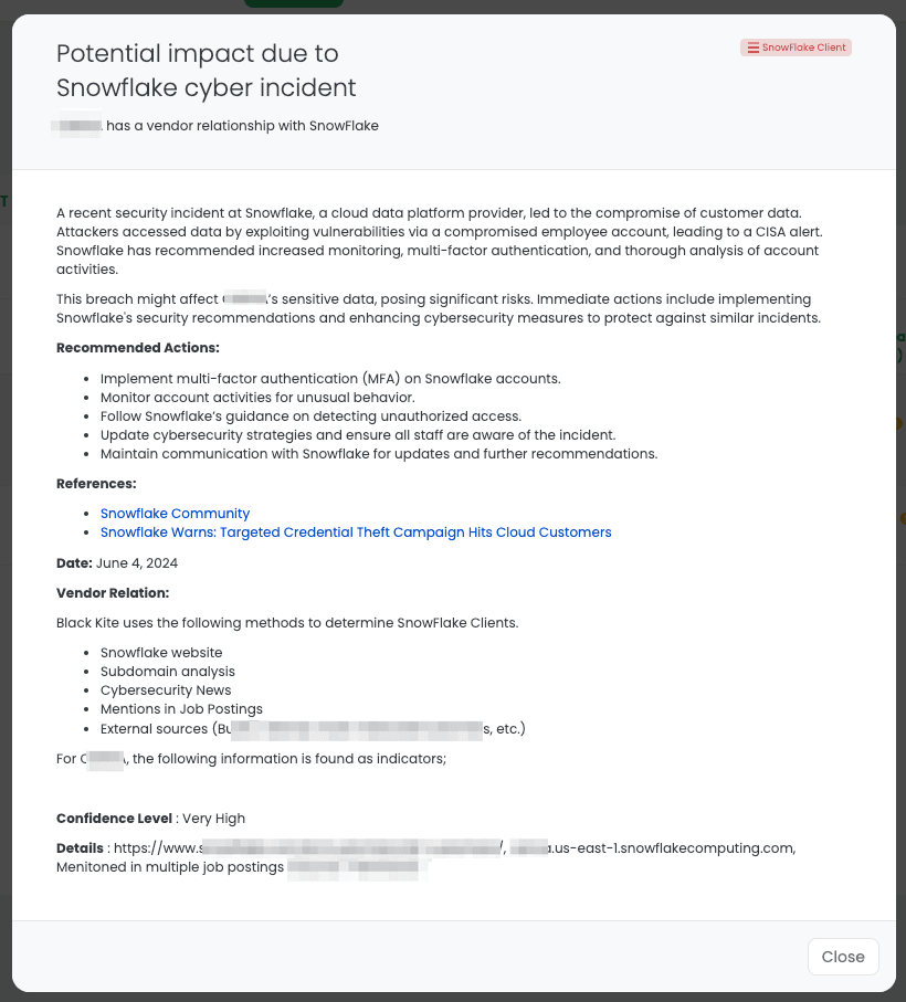 Snowflake Client FocusTag details on Black Kite Platform
