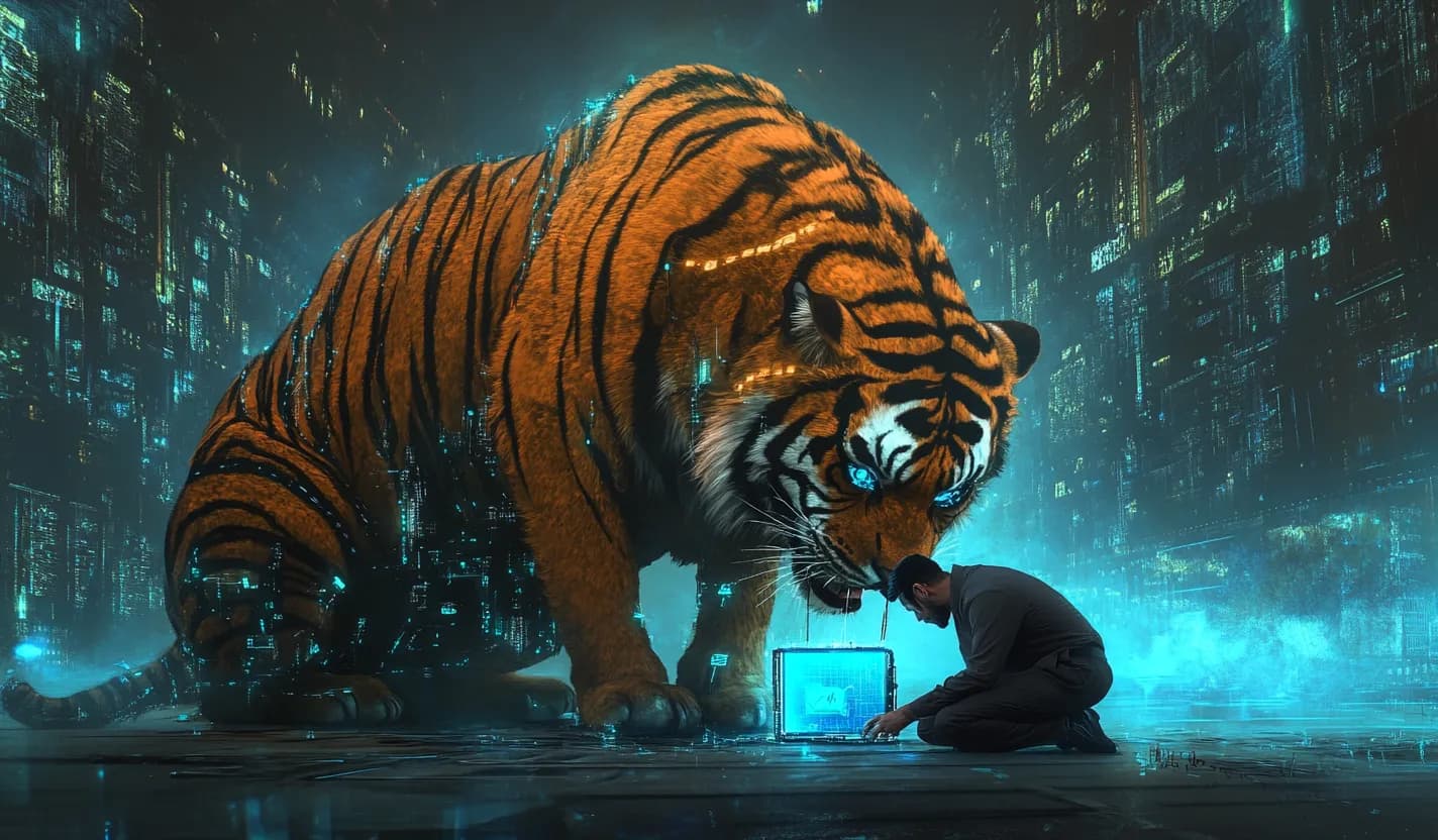 AI-generated image depicting cyber threats as a hungry tiger