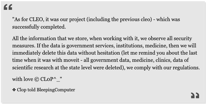 Screenshot from BleepingComputer article that covers Cl0p’s statements.