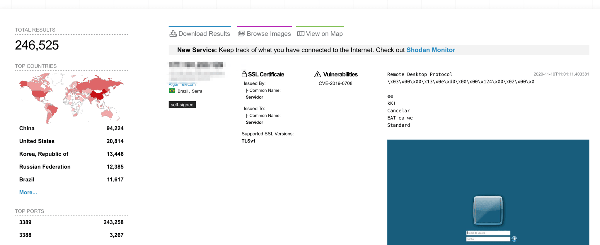 A Shodan search yields 246,525 CVE-2019-0708 vulnerable devices worldwide, with 20,814 of them deployed in the U.S.
