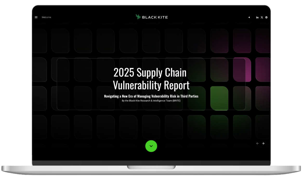 Black Kite 2025 Supply Chain Vulnerability Report home screen in laptop frame